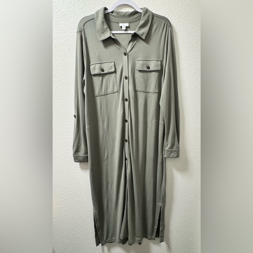 J Jill Ponte Knit Shirt Dress Button Down Collar Pockets Stretch Soft Green XL